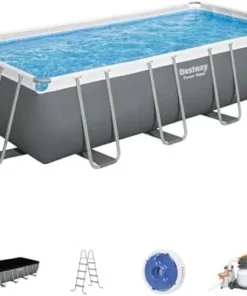 Bestway Power Steel 18′ x 9′ x 48″ Rectangular Metal Frame Above Ground Outdoor Swimming Pool Set with 1,500 GPH Filter Pump, Ladder, and Pool Covers